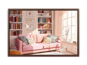 Pink reading room canvas art with sofa and bookshelves for cozy bedroom or office decor.