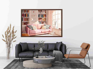 Pink reading room canvas art with sofa and bookshelves for cozy bedroom or office decor.