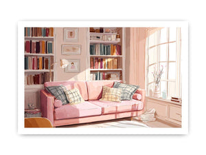 Pink reading room canvas art with sofa and bookshelves for cozy bedroom or office decor.