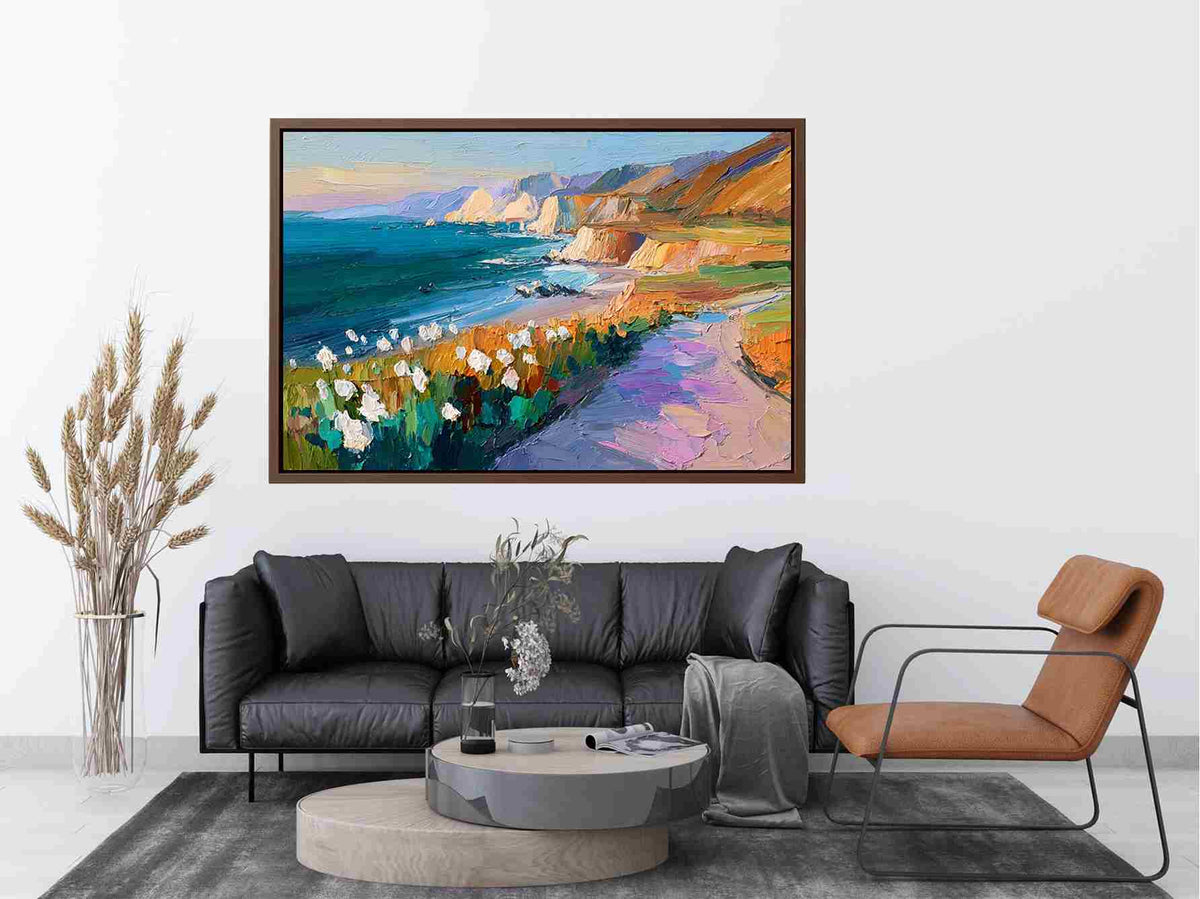 Vibrant coastal cliff canvas art with ocean, pathway and flowers for living room decor.