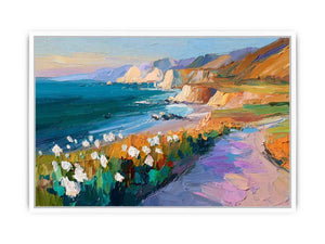 Vibrant coastal cliff canvas art with ocean, pathway and flowers for living room decor.