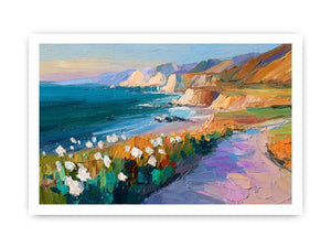 Vibrant coastal cliff canvas art with ocean, pathway and flowers for living room decor.