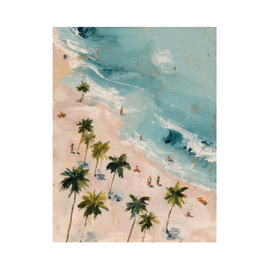 Aerial tropical beach canvas art with palm trees and turquoise water for bedroom decor.