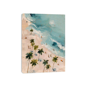 Aerial tropical beach canvas art with palm trees and turquoise water for bedroom decor.