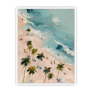 Aerial tropical beach canvas art with palm trees and turquoise water for bedroom decor.