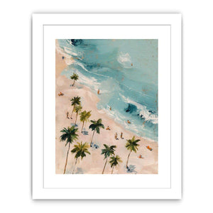 Aerial tropical beach canvas art with palm trees and turquoise water for bedroom decor.