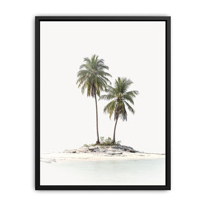 Tropical island with two palm trees artwork for coastal living room decor