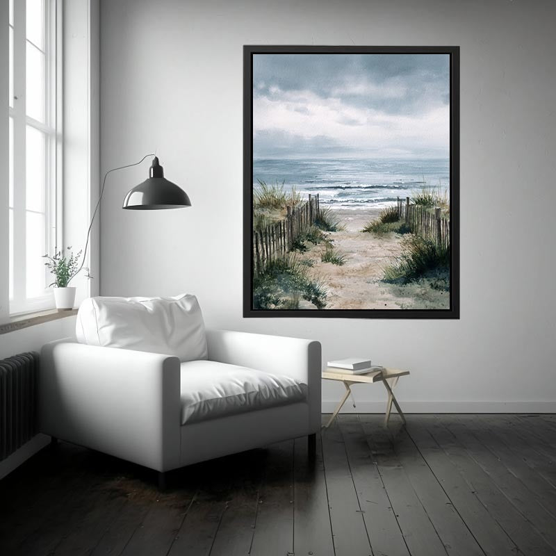Coastal beach pathway watercolor artwork for coastal living room decor