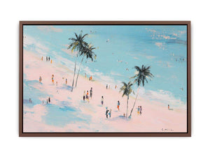 Beach scene with palm trees and people artwork for coastal living room decor