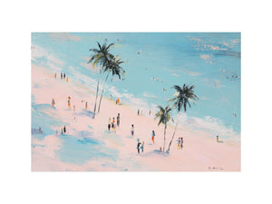 Beach scene with palm trees and people artwork for coastal living room decor