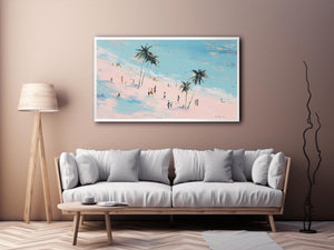 Beach scene with palm trees and people artwork for coastal living room decor