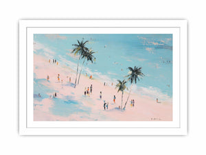 Beach scene with palm trees and people artwork for coastal living room decor