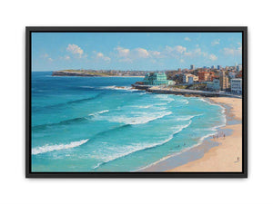 Coastal city beach painting artwork for coastal living room decor