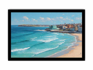 Coastal city beach painting artwork for coastal living room decor