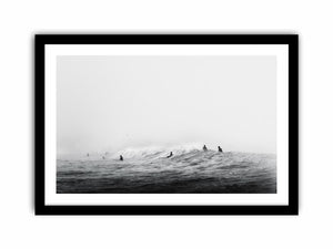 Surfers waiting on ocean waves artwork for coastal living room decor