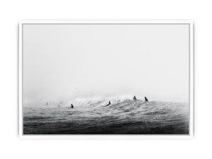 Surfers waiting on ocean waves artwork for coastal living room decor