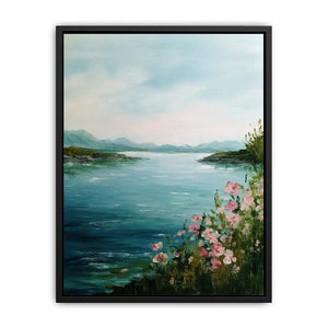 Lake with pink flowers artwork for coastal living room decor