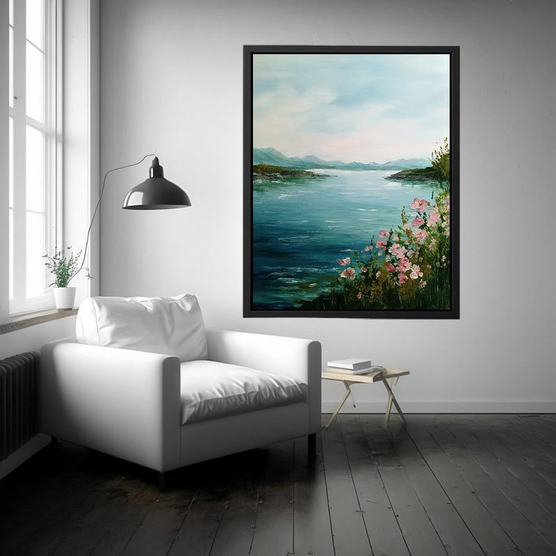 Lake with pink flowers artwork for coastal living room decor