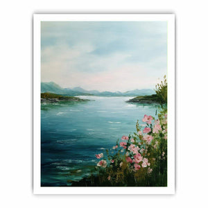 Lake with pink flowers artwork for coastal living room decor