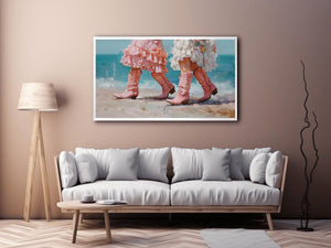 Pink cowboy boots on beach artwork for coastal living room decor