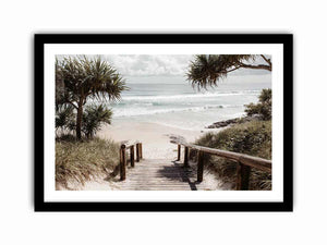 Boardwalk leading to beach artwork for coastal living room decor