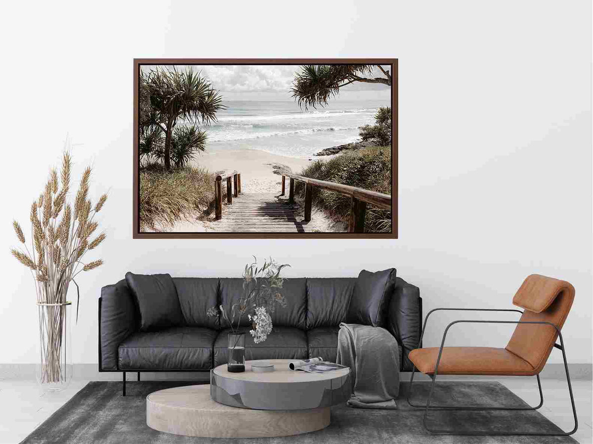 Boardwalk leading to beach artwork for coastal living room decor
