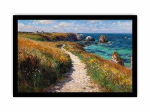 Ocean cliff path with flowers artwork for coastal living room decor