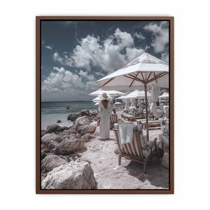 Luxury beach club scene artwork for coastal living room decor