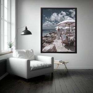 Luxury beach club scene artwork for coastal living room decor
