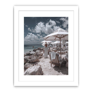 Luxury beach club scene artwork for coastal living room decor
