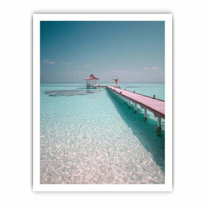 Pier over tropical lagoon artwork for coastal living room decor