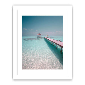Pier over tropical lagoon artwork for coastal living room decor