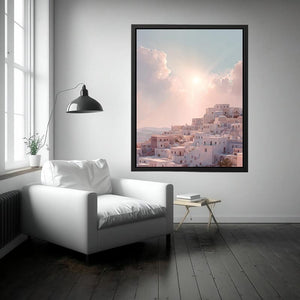 Pastel Mediterranean hillside architecture artwork for elegant bedroom decor