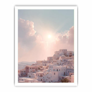 Pastel Mediterranean hillside architecture artwork for elegant bedroom decor