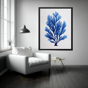 Blue coral botanical artwork for coastal bathroom and living room decor