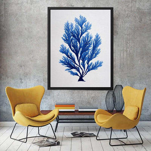 Blue coral botanical artwork for coastal bathroom and living room decor
