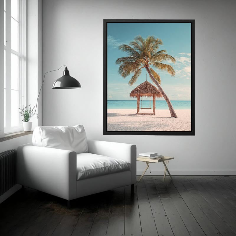 Tropical beach swing beneath a palm tree for serene coastal decor