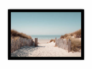 Sandy dune pathway leading to the ocean in minimalist coastal decor