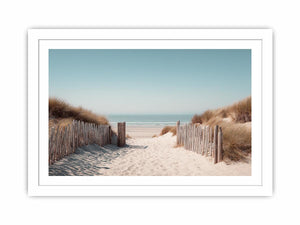 Sandy dune pathway leading to the ocean in minimalist coastal decor
