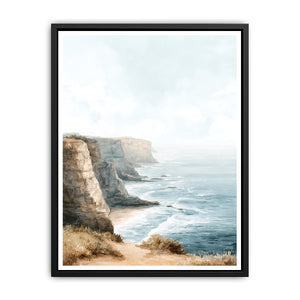 Watercolor coastal cliffs overlooking the ocean for serene living room decor