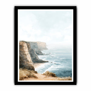 Watercolor coastal cliffs overlooking the ocean for serene living room decor