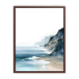Minimal watercolor ocean cliffs artwork for modern coastal bedroom decor