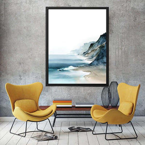 Minimal watercolor ocean cliffs artwork for modern coastal bedroom decor