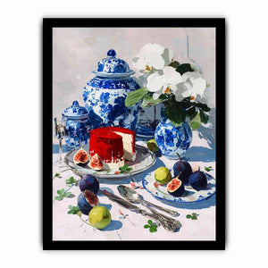 Blue and white porcelain still life with figs and flowers for dining room decor