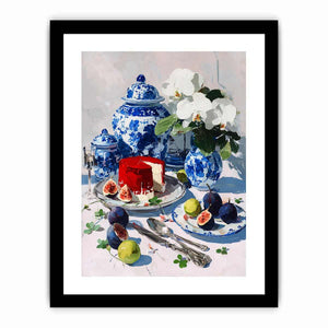 Blue and white porcelain still life with figs and flowers for dining room decor