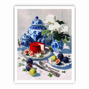 Blue and white porcelain still life with figs and flowers for dining room decor