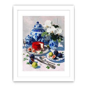 Blue and white porcelain still life with figs and flowers for dining room decor