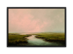Misty estuary landscape art for calm modern bedroom decor