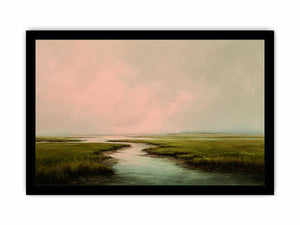 Misty estuary landscape art for calm modern bedroom decor