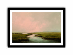 Misty estuary landscape art for calm modern bedroom decor
